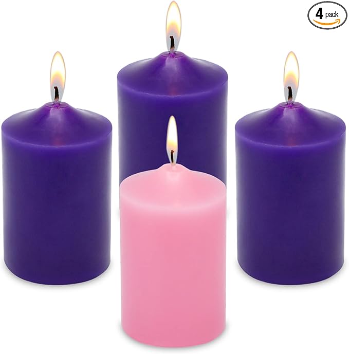 Set of 4 2x3 Inch Advent Pillar Candles, Dripless Unscented Purple and Pink Candles for Christmas Advent Holiday Season - 24 Hours Burn Time
