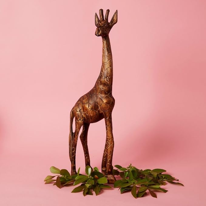 Large Wood Animal Sculptures, Giraffe, Hippo, Rhino, Lion, Elephant, Statues, Figurines, Home Decor Accents, Living Room, Office, Desk, Coffee Table, Book Shelf, Hand Carved, African, Brown