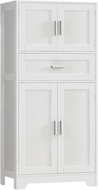 TEENFON Bathroom Storage Cabinet with Adjustable Shelf & Large Drawer, Tall Storage Cabinet with 4 Doors, Kitchen Pantry Storage Cabinets, for Living Room, Dining Room, Home Office, Entryway, White