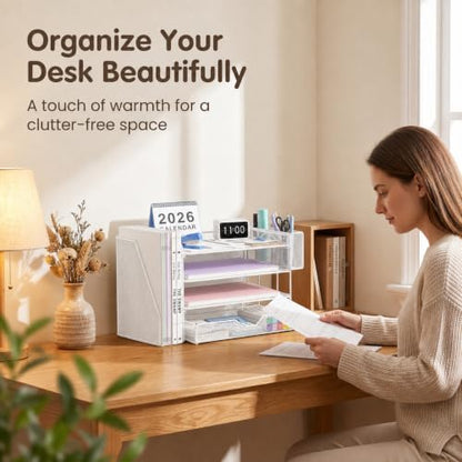 OPNICE Desk Organizers and Accessories, 4-Tier Desktop File Organizer with Drawer and Pen Holders, Office Desk Accessories Workspace Organizers for Office Supplies (Soft White)