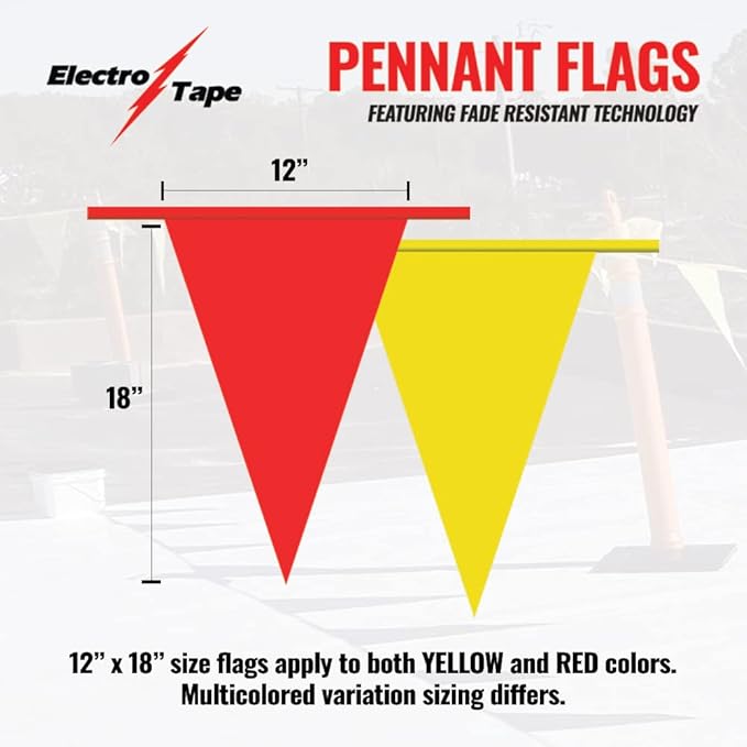 Pennant Banner Flags - OSHA 500lb Rated Safety Rooftop Flagging Barrier Traffic Party & Events - 105ft Strand Fade Resistant (Red, 12"x18"x105ft) …