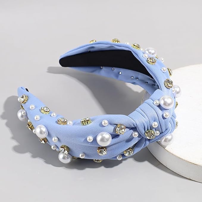 JILIYUPA Pearl Rhinestone Tweed Headband for Women, Sparkle Luxury Knotted Vintage Embellished Crystal, Pale blue, Pale Pink, 2 Count (Pack of 1)