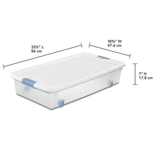 Sterilite 4-Pack 56 Quart Wheeled Latching Box, Underbed Clear Plastic Storage Organizer - Under Bed Rolling Container Bin with Lid and Wheels for Home or Dorm Bedrooms and Closets
