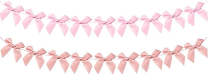 2pcs Bow Garland Banner, Ribbon Bow Party Decorations for Baby Shower Girls Bow Coquette Birthday Party Decor (Peach Pink+Pink)