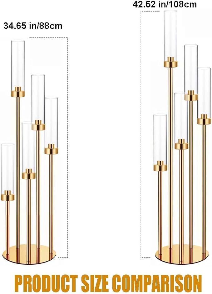 35in 8 Set Gold Candelabra Candle Centerpieces for Tables Candlesticks Holder Wedding Centerpieces Table Decorations Acrylic lampshade Fit 0.9" LED Candle