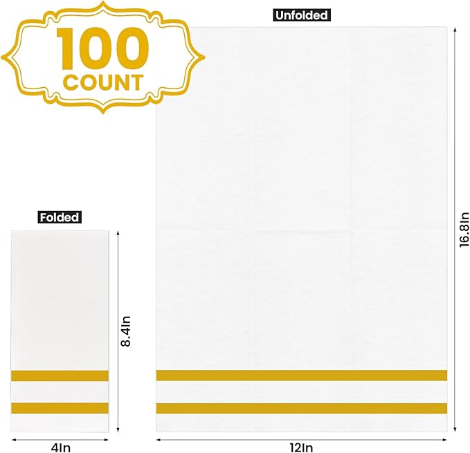 100 Pack Napkins Disposable Guest Towels Linen-Feel Decorative Napkins Soft and Absorbent Dinner Paper Hand Towels for Bathroom Party Powder Room Hotel Fancy Restaurant (100, Gold Line)