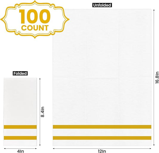 100 Pack Napkins Disposable Guest Towels Linen-Feel Decorative Napkins Soft and Absorbent Dinner Paper Hand Towels for Bathroom Party Powder Room Hotel Fancy Restaurant (100, Gold Line)