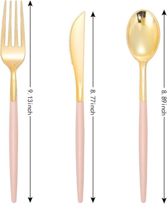 I00000 144Pcs Pink Plastic Silverware, Gold Disposable Flatware with Pink Handle, Gold Plastic Cutlery Set Includes: 48 Forks, 48 Knives and 48 Spoons Perfect for Party & Wedding