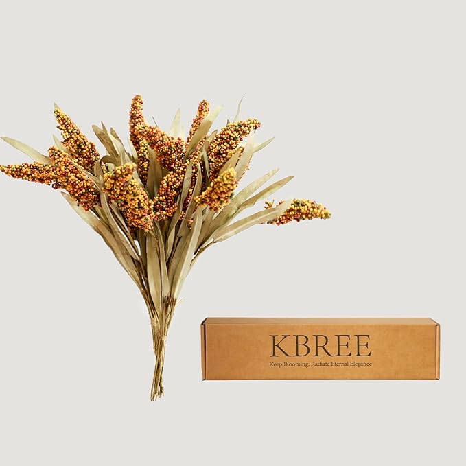 KBREE 16" Artificial Fall Grain Bundles for Thanksgiving Decoration, 4 Packs Rustic Harvest Sheaves with Aged Leaves, Faux Grain Bouquets for Thanksgiving Table Centerpiece, Farmhouse Decor (Amber)