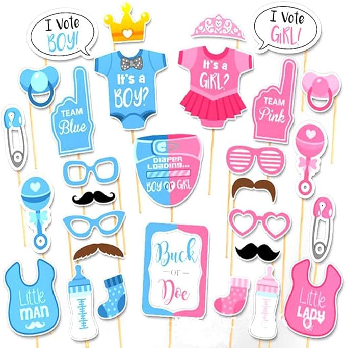 30Pcs Gender Reveal Photo Booth Props Boy or Girl Theme Selfie Props Baby Shower Gender Prediction Decor He or She Photography Backdrop for Gender Reveal Baby Shower Party Supplies