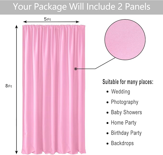 Hiasan Pink Backdrop Curtains for Parties, Polyester Photography Backdrop Drapes for Baby Shower, Wedding Decorations, 5ftx8ft, Set of 2 Panels