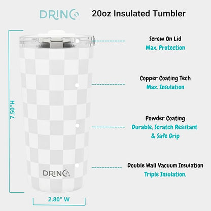 Drinco - 20 oz Stainless Steel Tumbler | Double Walled Vacuum Insulated Mug With Lid, 2 Straws, For Hot & Cold Drinks (20oz Checker)