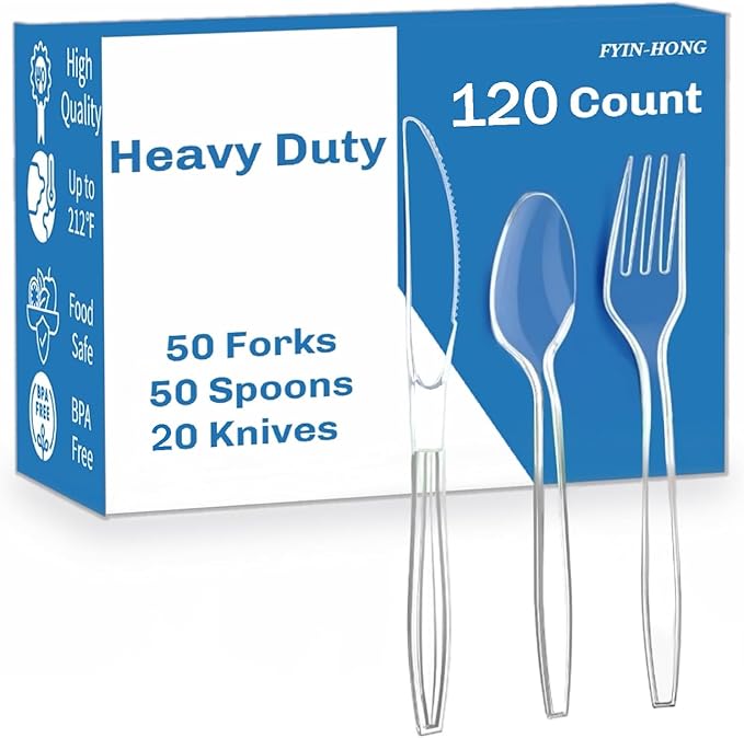 120 Count Heavy Duty Plastic Silverware, Disposable Clear Plastic Utensils Set, 50 Forks, 50 Spoons, 20 Knives, BPA-Free, Heat Resistant; Cutlery Set for Party