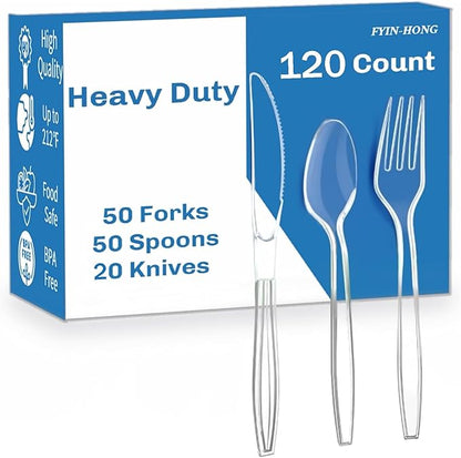 120 Count Heavy Duty Plastic Silverware, Disposable Clear Plastic Utensils Set, 50 Forks, 50 Spoons, 20 Knives, BPA-Free, Heat Resistant; Cutlery Set for Party