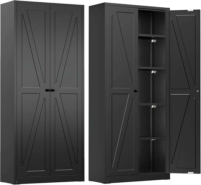 INTERGREAT Metal Storage Cabinet with Magnetic Doors, 63" H Modern Classic Style Metal Cabinets with 2 Doors and 4 Adjustable Shelves for Home Office, Kitchen, Bathroom (Black)