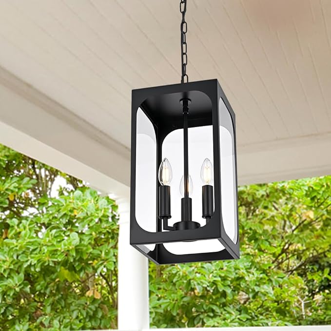 BONLICHT Outdoor Pendant Light 3 Light Modern Outside Chandelier Adjustable Black Exterior Ceiling Hanging Lantern with Clear Glass,Farmhouse Outdoor Pendant Lighting Fixture for Front Door Porch Yard