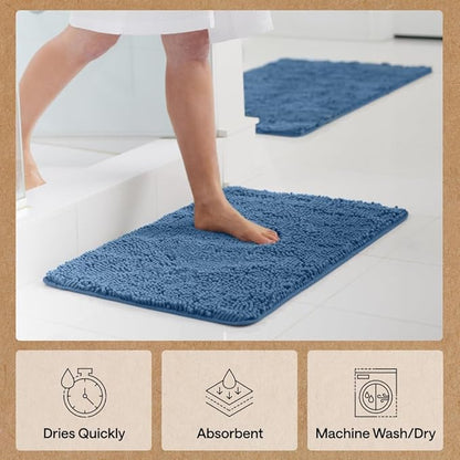 GORILLA GRIP Bath Rug Mat 44x26, Thick Soft Absorbent Chenille, Quick Dry Microfiber Mats, Rubber Backing Washable Shower Floor Rugs, Bathmat Runner, US Designed Bathroom Home Decor Accessories Blue