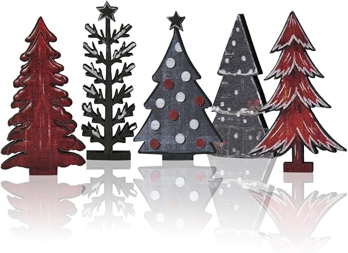 Smile 5 Pcs Wooden Blocks Christmas Trees Signs, Snow Tiered Tray Decorations, for Home Table Shelf.