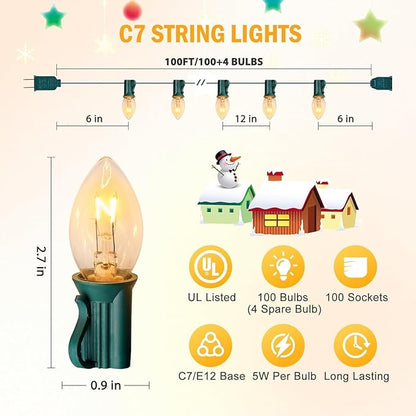 100FT C7 Christmas String Lights Outdoor UL Listed Vintage Christmas Lights Hanging for Christmas Tree Garden Patio Backyard Cafe Party Room Xmas Decoration, Green Wire, 100 Bulbs, Not Connectable