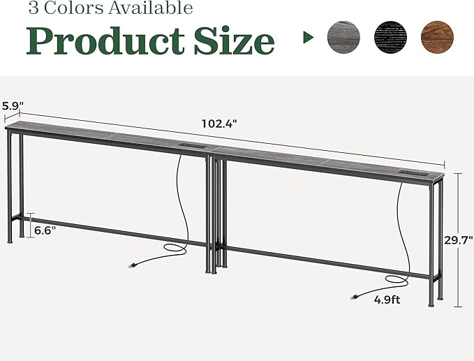 SUPERJARE 102.4 Inch Sofa Table with Power Outlets and USB-C Ports, 5.9 Inch Narrow Console Tables, Entryway Hallway Couch Tables with Storage, Behind Sofa, Small Spaces, Living Room, Charcoal Gray