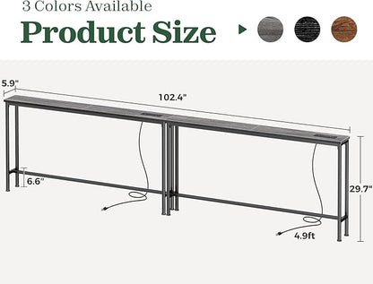 SUPERJARE 102.4 Inch Sofa Table with Power Outlets and USB-C Ports, 5.9 Inch Narrow Console Tables, Entryway Hallway Couch Tables with Storage, Behind Sofa, Small Spaces, Living Room, Charcoal Gray