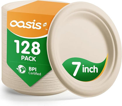𝟕 𝐈𝐧𝐜𝐡, 𝟏𝟐𝟖-𝐏𝐚𝐜𝐤 Compostable Paper Plates, Heavy-Duty Biodegradable Disposable Dish Made from Bagasse, Perfeck for Snacks, Desserts, Party, Wedding and More (Nature)