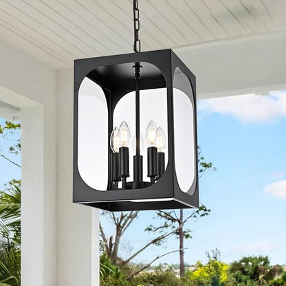 BONLICHT Large Outdoor Chandelier for Porch, 5-Light Modern Outdoor Pendant Light with Clear Glass,Black Exterior Pendant Lighting Fixture Ceiling Mount Pendant Lantern for Patio Doorway Foyer Garden