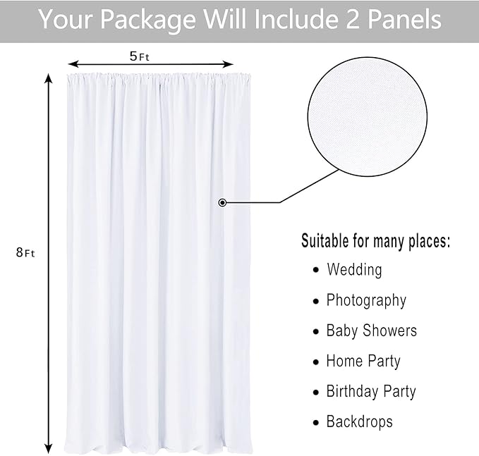 Hiasan White Backdrop Curtains for Parties, Polyester Photography Backdrop Drapes for Family Gatherings, Wedding Decorations, 5ftx8ft, Set of 2 Panels