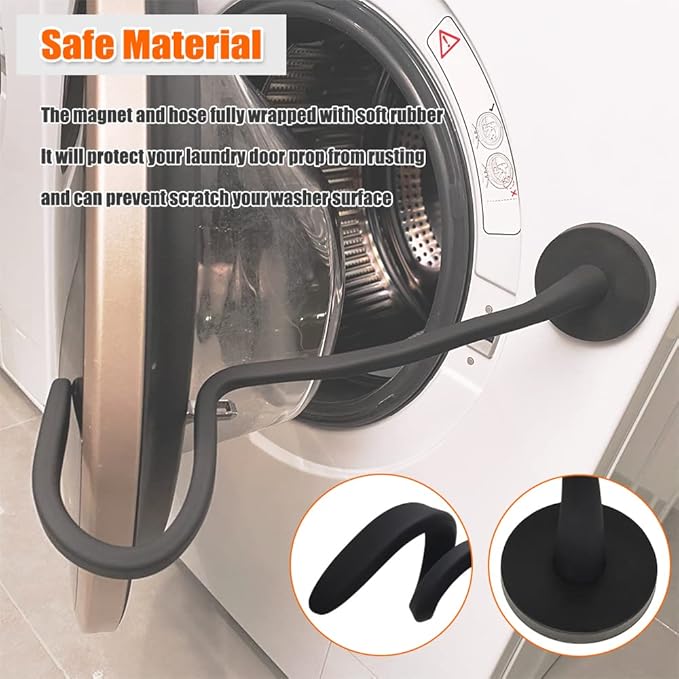 Front Load Washer Door Prop, Removable Flexible Washer Door Stopper, Magnetic Washing Machine Door Holder with 66mm Magnet Base, Keep Washer Door Open to Prevent Odors (Black)