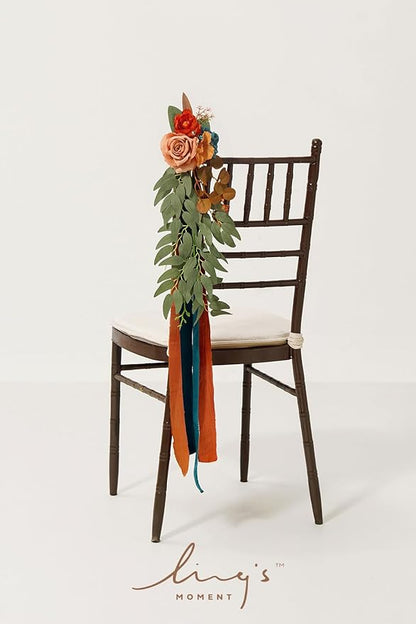 Ling's moment 8pcs Wedding Artificial Aisle Pew Flowers Chair Decorations Arrangements with Chiffon Ribbons Burnt Orange for Ceremony Chair Back Floral Decor Reception Church Party Outdoor