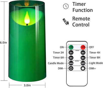NURADA 3"x6"Flickering Flameless Candles: 3D Wick Acrylic Battery Operated LED Pillar Candles with Remote and Timer for St. Patrick's Day Home Holiday Forest Christmas Party Table Decor - Green