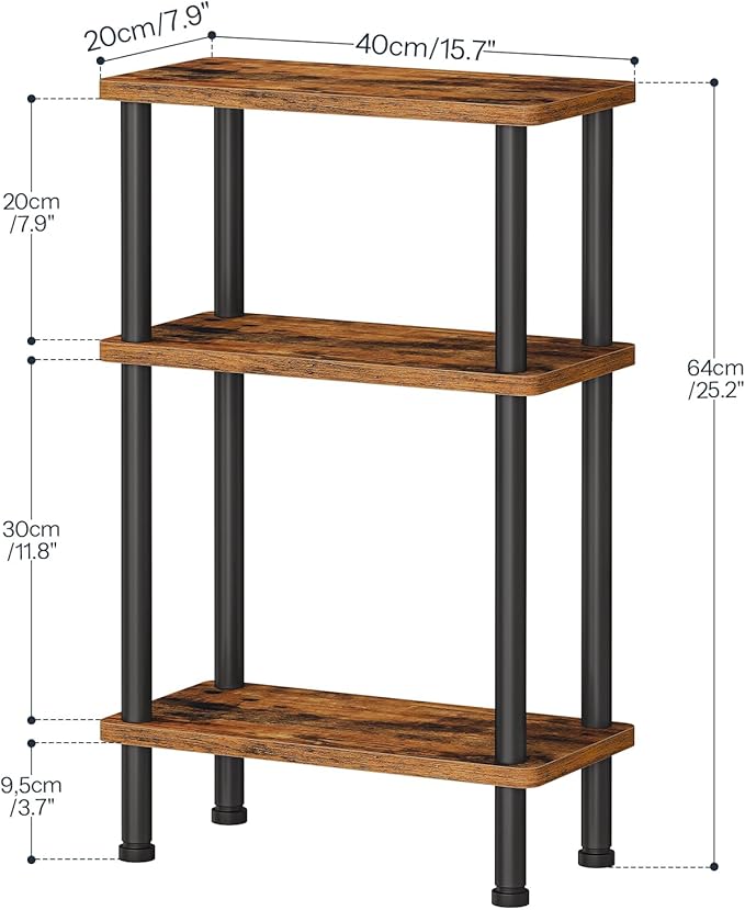 HOOBRO Narrow Side Table Set of 2, 3-Tier Slim End Table No Tools Needed, Twist-On Assembly, Skinny Nightstand Sofa Storage Shelf for Living Room, Bedroom, Study, Rustic Brown and Black BF246BZP201