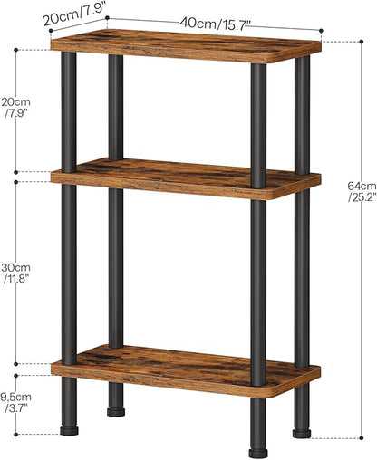 HOOBRO Narrow Side Table Set of 2, 3-Tier Slim End Table No Tools Needed, Twist-On Assembly, Skinny Nightstand Sofa Storage Shelf for Living Room, Bedroom, Study, Rustic Brown and Black BF246BZP201