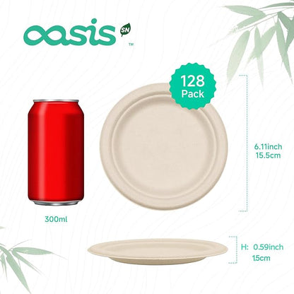 𝟔 𝐈𝐧𝐜𝐡, 𝟏𝟐𝟖-𝐏𝐚𝐜𝐤 Compostable Paper Plates, Heavy-Duty Biodegradable Disposable Dish Made from Bagasse, Perfeck for Snacks, Desserts, Party, Wedding and More (Nature)
