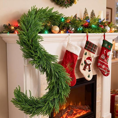 9 FT Artificial Norfolk Pine Garland, Real Touch Dense Faux Greenery Garland for Mantle, Table, Wall, Indoor & Outdoor Christmas Decorations, Christmas Garland