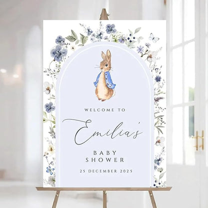 Personalized Bunny Rabbit Baby Shower Welcome Sign for Girl, Pink Peter Rabbit Theme, Greenery Bunny baby shower sign, Gift for Boys & Girls, Gender Reveal Decor, Birthday Party Favors (Style 12)