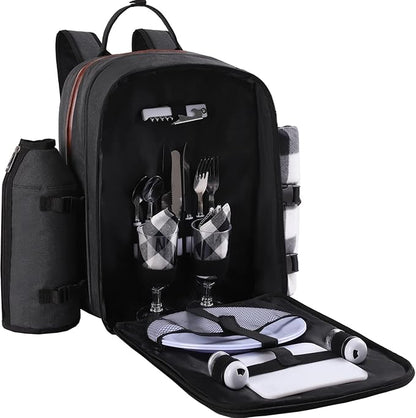 ALLCAMP OUTDOOR GEAR Picnic Backpack for 2 Person Set W/Detachable Bottle/Wine Holder, Fleece Blanket, Plates and Cutlery Set (Black)