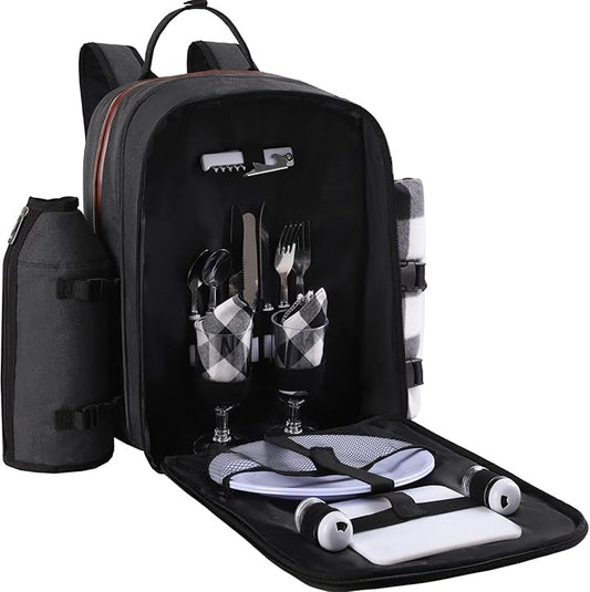 ALLCAMP OUTDOOR GEAR Picnic Backpack for 2 Person Set W/Detachable Bottle/Wine Holder, Fleece Blanket, Plates and Cutlery Set (Black)