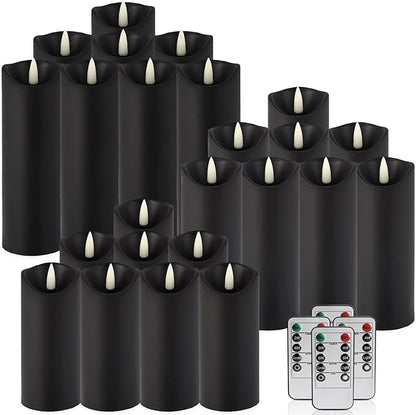 Realistic Flameless LED Candle Black Set of 24, Battery Operated with Remote Control, 3D Flame Pillar Timer Funtion Melted Top Safe,Perfect for Indoor/Outdoor Decor,Wedding,BBQ and Gift