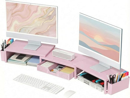 OPNICE Desk Organizers and Accessories, Dual Monitor Stand Riser with Drawer and 2 Pen Holders, Desk Shelf Metal Computer Racks for Office Workspace Organizers, Desktop Organization (Pink Metal)