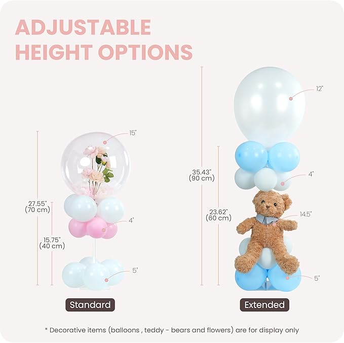 YALLOVE Balloon Stands for Table Set of 4, Adjustable Height 15.75 Inch, 23.62 Inch Balloon Centerpiece Stand, Acrylic Balloon Stick Holder with Base for Party Decorations (Balloons Not Included)