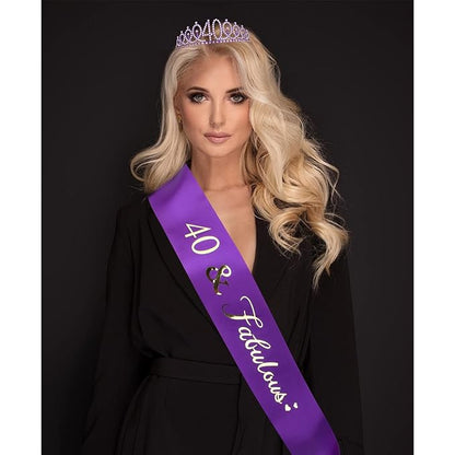 Purple 40th Birthday Celebration Kit - Sash and Tiara Set, Party Favors, Decorations and Cake Topper