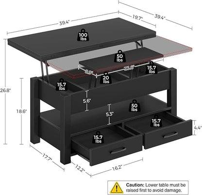 Rolanstar Coffee Table Lift Top, Multi-Function Convertible Coffee Table with Drawers and Hidden Compartment, Converts to Dining Table for Living Room, Home Office,Black