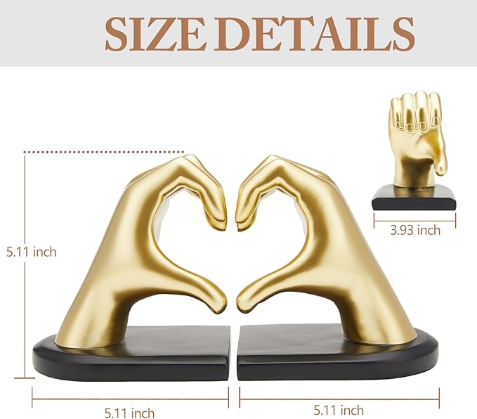 Gold Bookends, Heavy Duty Bookend Holder Decor, Golden Finger Heart Shaped, Modern Art Sculpture, Finger Home Decoration, Bookends Decorative, Boho Decor for Desktop Bedroom Study Room
