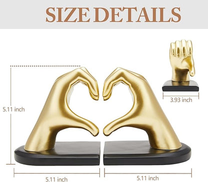 Gold Bookends, Heavy Duty Bookend Holder Decor, Golden Finger Heart Shaped, Modern Art Sculpture, Finger Home Decoration, Bookends Decorative, Boho Decor for Desktop Bedroom Study Room