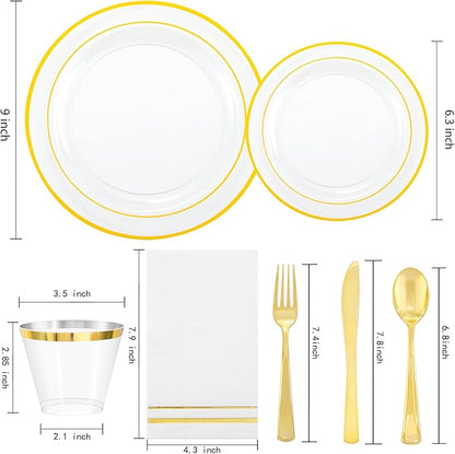 GATHER 350PCS Clear Gold Plastic Plates - Disposable Gold Dinnerware Sets Includes 100 Gold Rim Plastic Plates, 150 Silverware, 50 Napkins, 50 Cups for Party, Wedding & Christmas