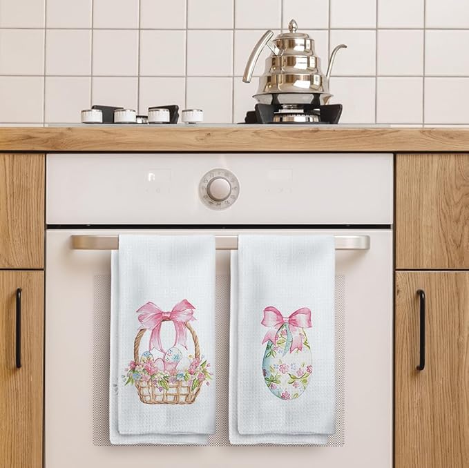 Coquette Pink Bow Easter Kitchen Towels Set of 2, Easter Eggs Decor Hand Towels, PinkEaster Dish Towels Dishcloths Tea Towels for Kitchen, EasterKitchen Bathroom Decor, 16x24 Inch