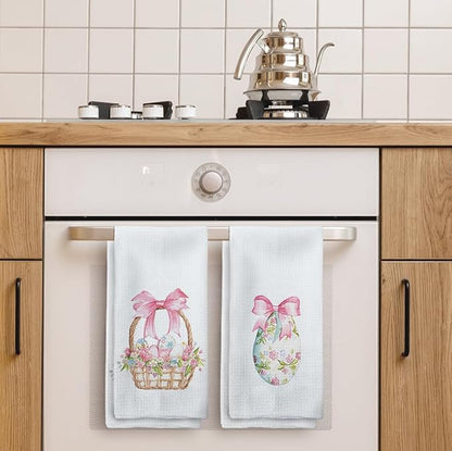 Coquette Pink Bow Easter Kitchen Towels Set of 2, Easter Eggs Decor Hand Towels, PinkEaster Dish Towels Dishcloths Tea Towels for Kitchen, EasterKitchen Bathroom Decor, 16x24 Inch