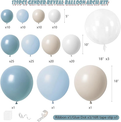 Dusty Blue Balloons Garland Arch Kit 139Pcs Fog Blue White Sand Balloons for Baby Shower Birthday Bear Theme Wedding Bride Anniversary Gender Reveal Party Decorations for Boy Girl Adult