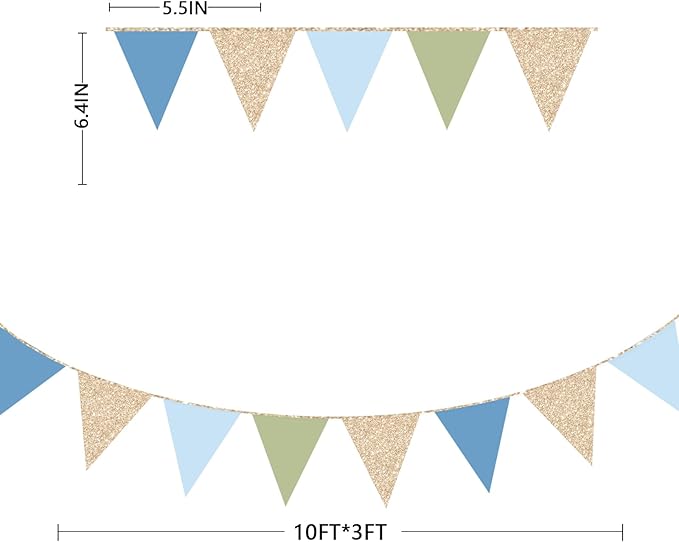 Champagne Gold Dusty Blue Sage Green Pennant Banner Flag Olive Green Blue Hanging Glitter Paper Triangle Bunting for Birthday Baby Shower Wedding One Silly Goose Themed Party Decorations Supplies